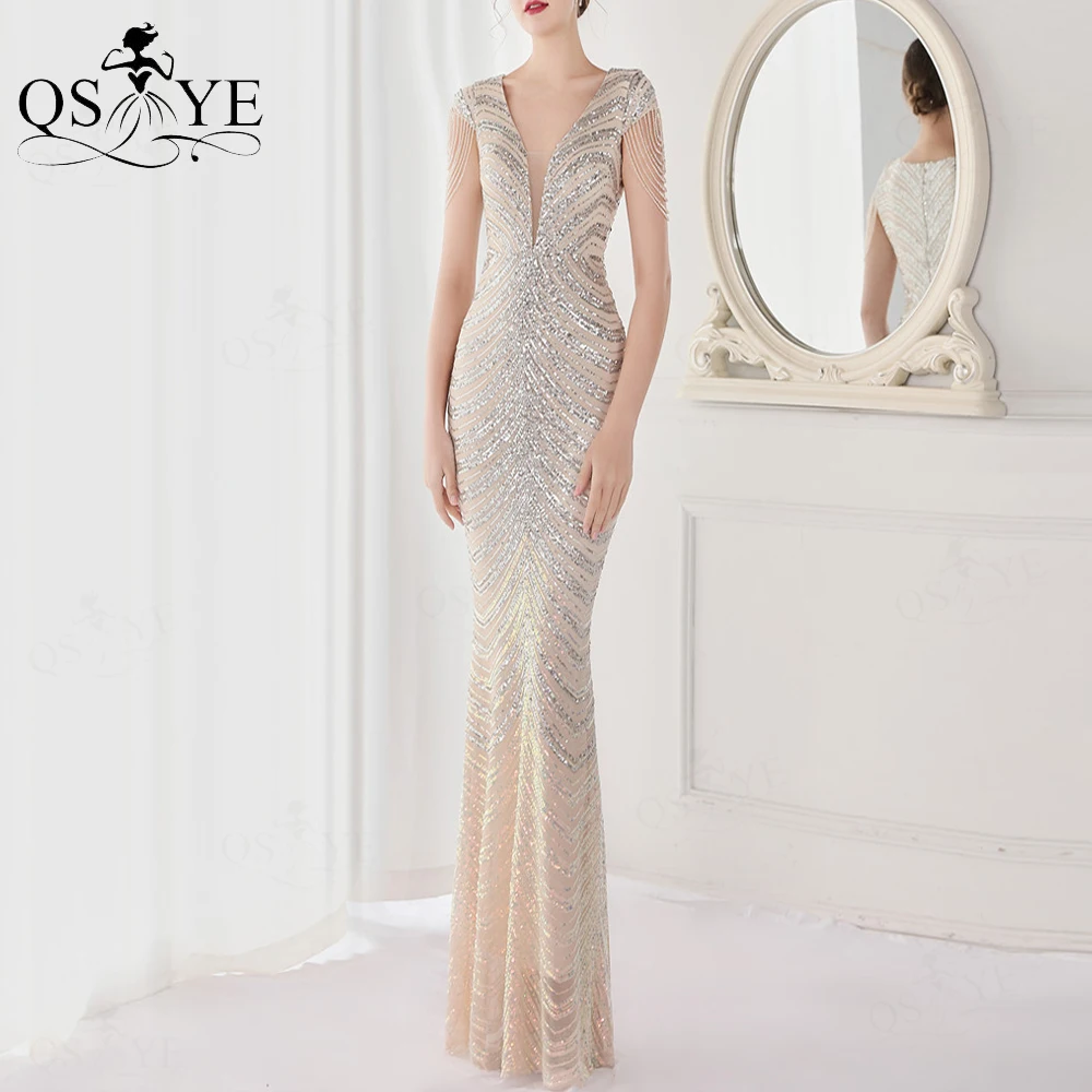 Twill Sequin Silver Evening Dresses Mermaid Lace Prom Gown V Neck Beading Cap Sleeves Fit Elegant Women Party Formal Dress Chic