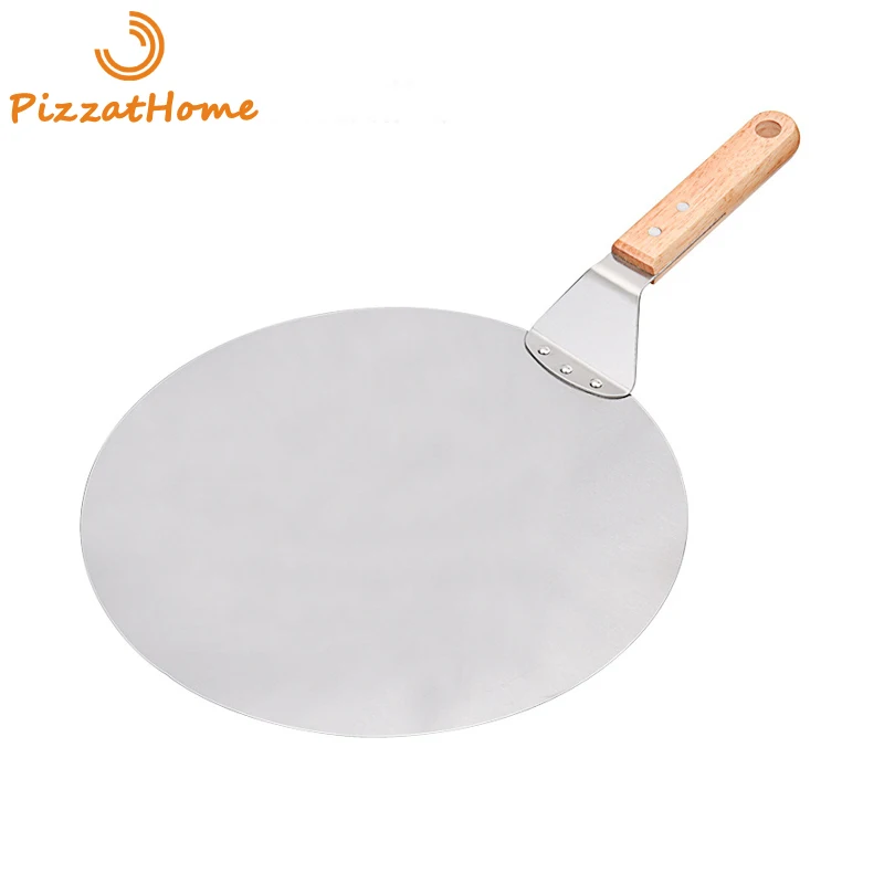 PizzAtHome 12 Inch Stainless Steel Pizza Peel Round Pizza Shovel Wooden Handle Pizza Peel Paddle Short Shovel Pizza Tools