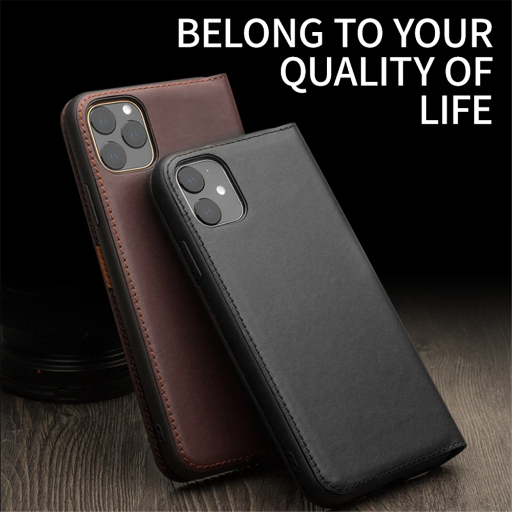 QIALINO Genuine Leather Phone Case for Apple iPhone 11/12 Mini Pure Handmade Flip Case with Card Slots for iPhone 11/12 Pro Max