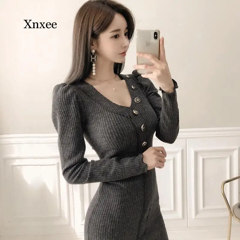 Winter Knitted Dress Ladies Long Sleeve Warm V Neck Midi Office Sweater Dresses for Women Clothing