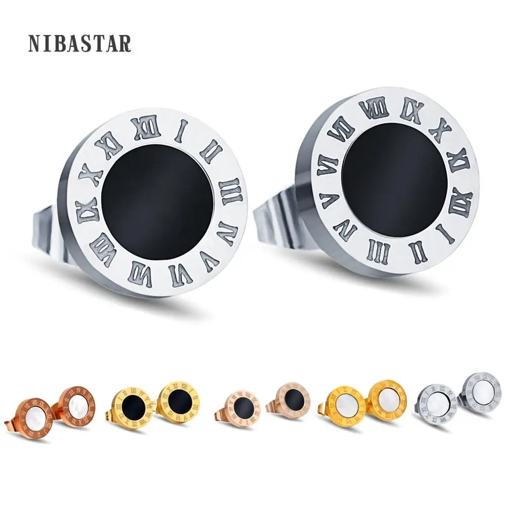 

Elegant And Charming White Shell And Black Acrylic Roman Numerals Stud Earrings For Women/Men Girls Piercing Jewelry