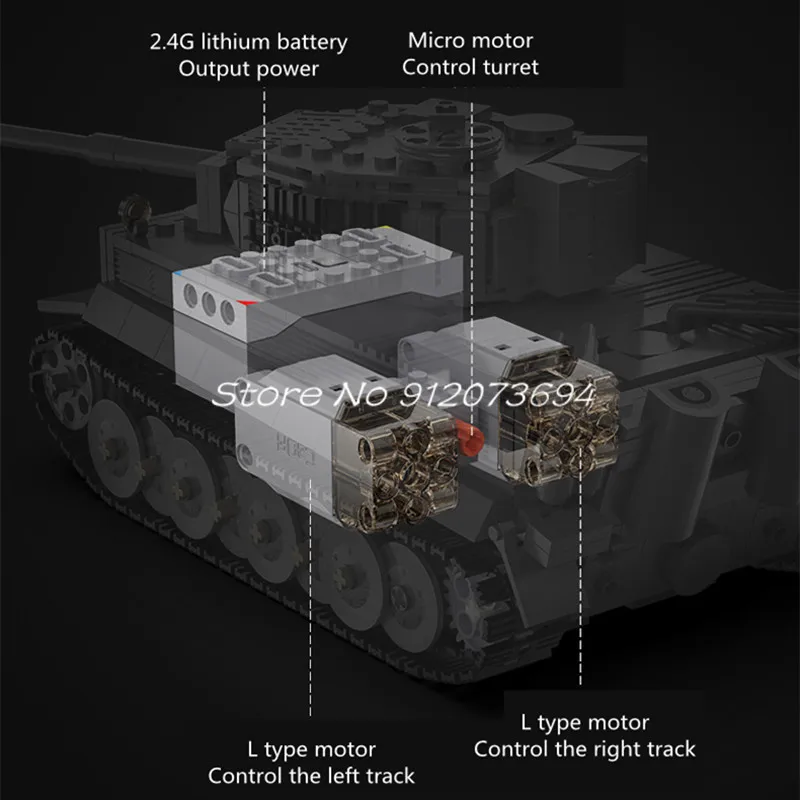 Máquinas militares da segunda guerra mundial tigre tanque de controle remoto diy quebra-cabeça blocos de construção 360 °   Modelo de tanque RC de barril de elevação de torre de rotação