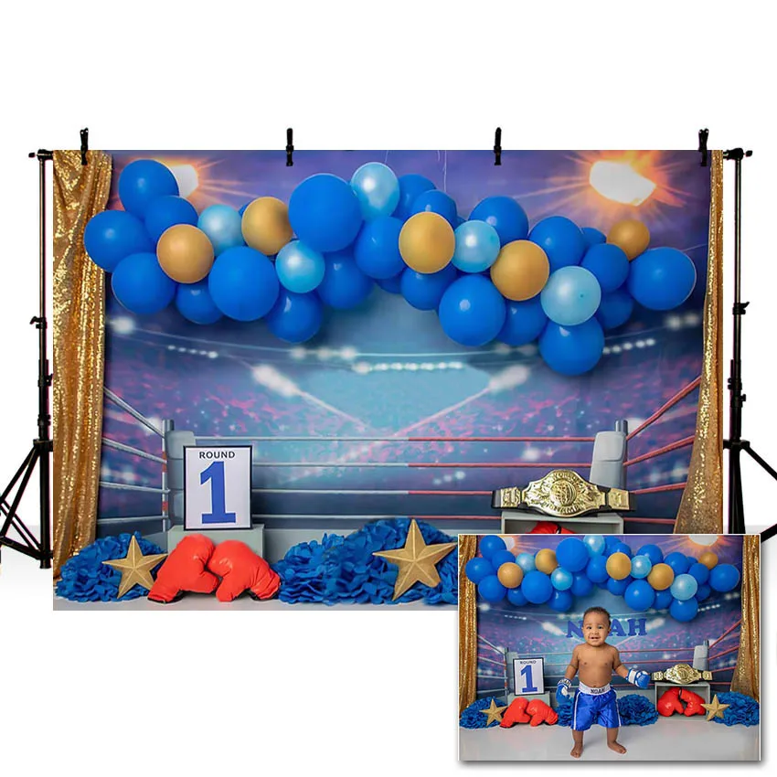 Mehofond 1st Birthday Backdrop Boy Blue Balloon Sport Boxing Ring Baby Shower Photography Background Decor Photo Studio Photocal