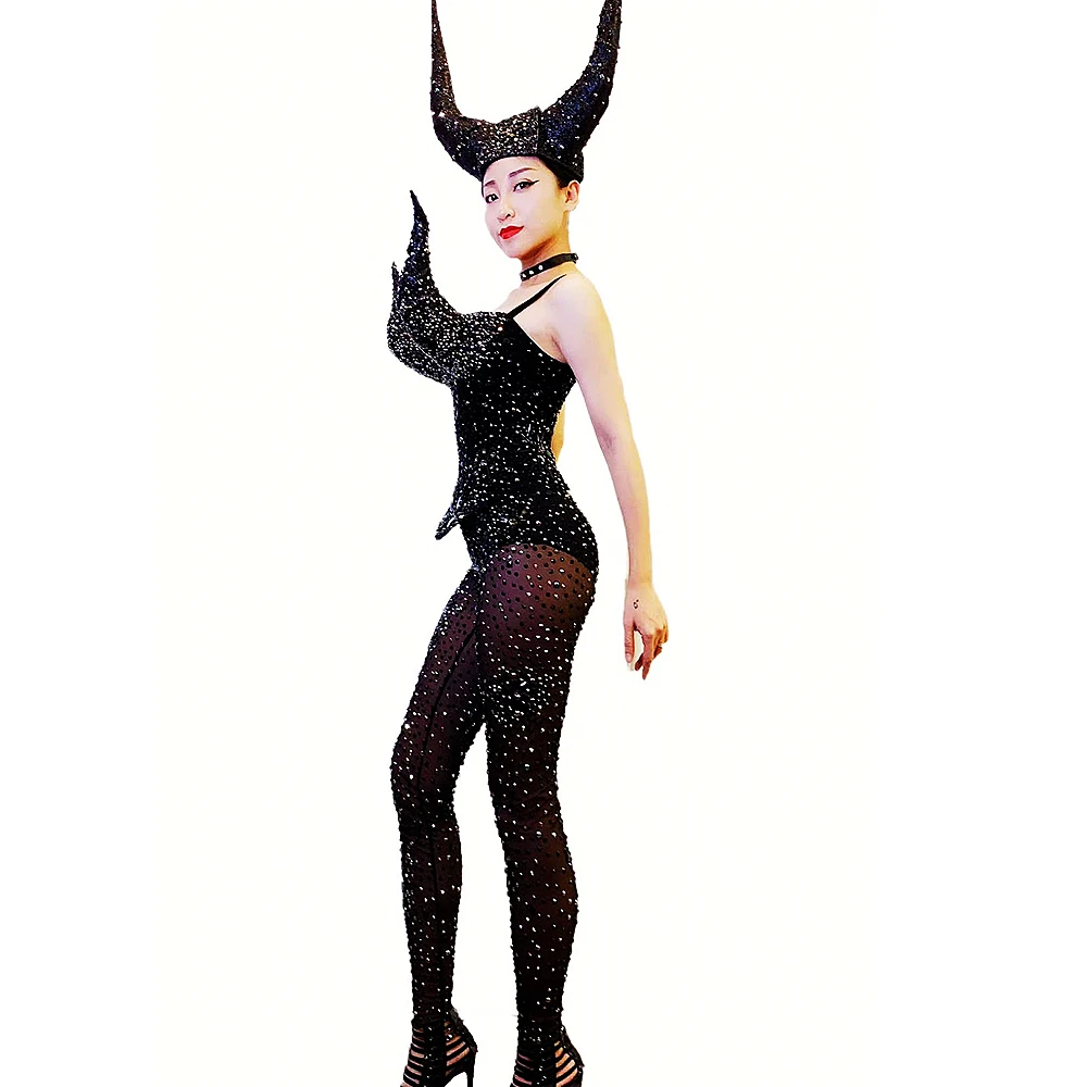 Horns Decoration Women Shining Diamonds Jumpsuits Elastic Black Mesh Perspective Bodysuits Nightclub Bar Prom Party Costume