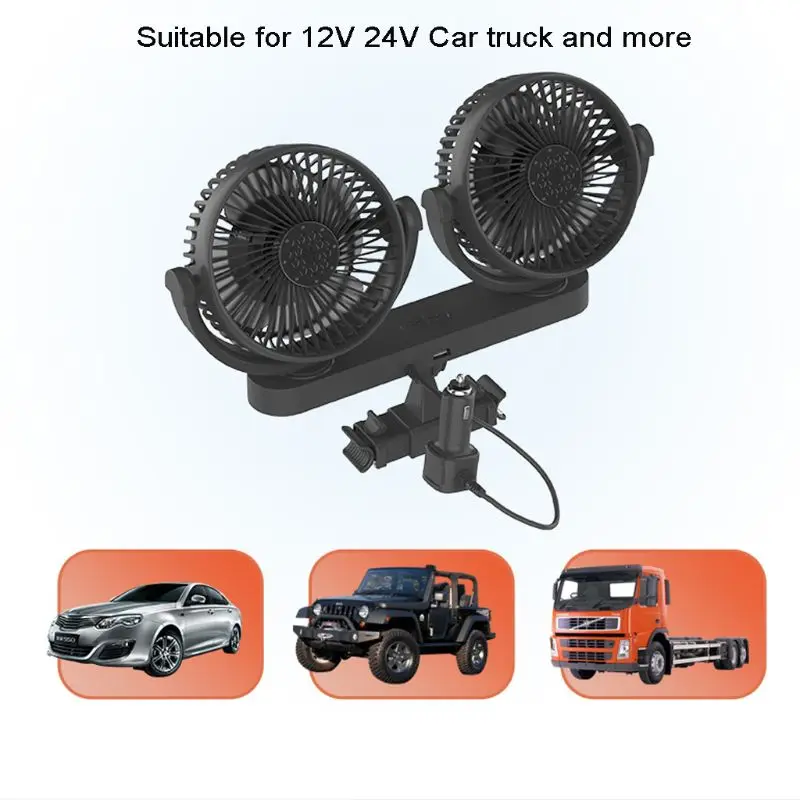 Universal 12v 24v ventilador de carro elétrico 360 graus rotatable 3 velocidade dupla cabeça do carro ventilador de ar de refrigeração automático com 5v usb carregador de celular