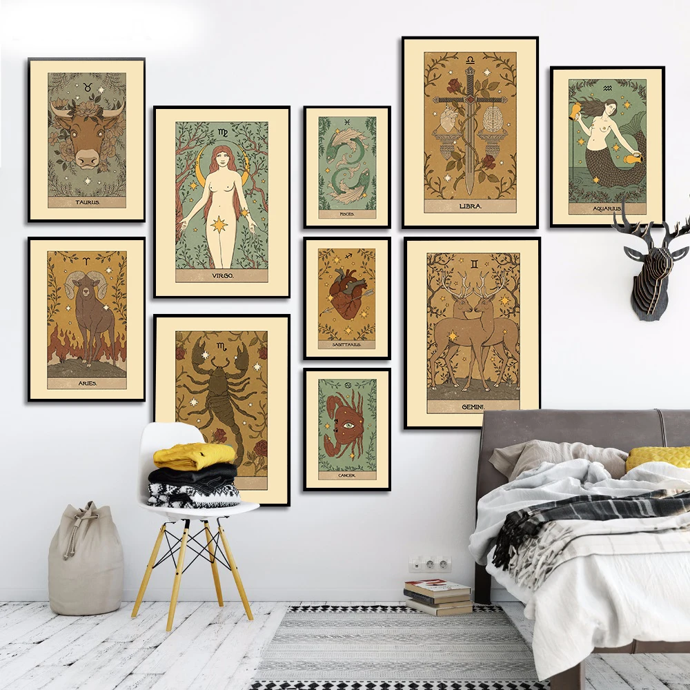 Constellations Astrology Myth Canvas Prints Painting Retro Zodiac Sign Horoscope Wall Art Posters Pictures for Kids Nursery Room