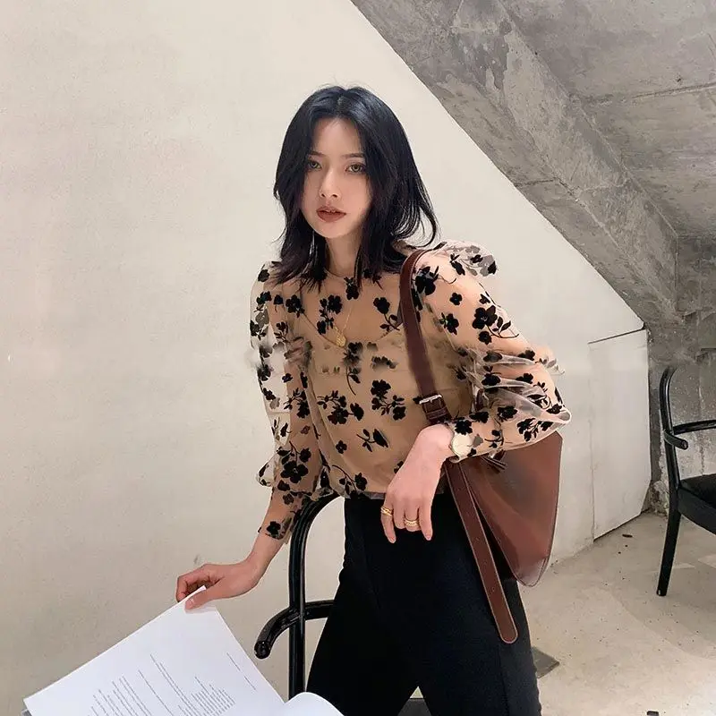 Sets Women Mesh Blouse Tops Floral Fashion Summer 2021 Lantern Sleeve Korean Style O-Neck Camisoles Tender Ins 2 Pieces Outfits