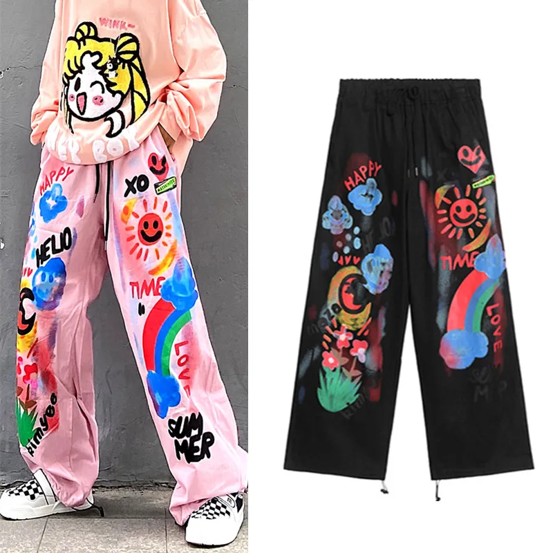 

Oversize Women Spring Summer Pants High Street Punk Rock Young Ladies Trousers Casual Pants Straight Graffit Printed Pants NZ25