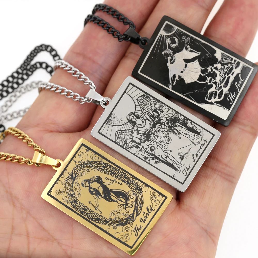 Retro Tarot Cards Esotericism Necklace Vintage Stainless Steel Jewelry Collar Tarot Good Luck Amulet The Major Arcana Pendant