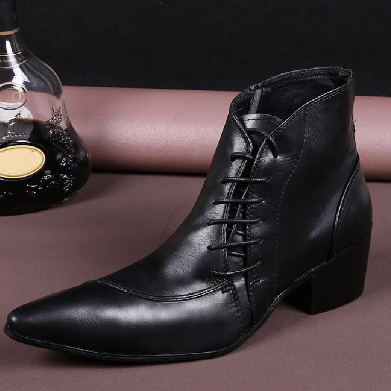 Pointed Toe High Heel Genuine Leather Boots Men Personalized Business Casual Ankle Boots British Trendy Western Cowboy Boots