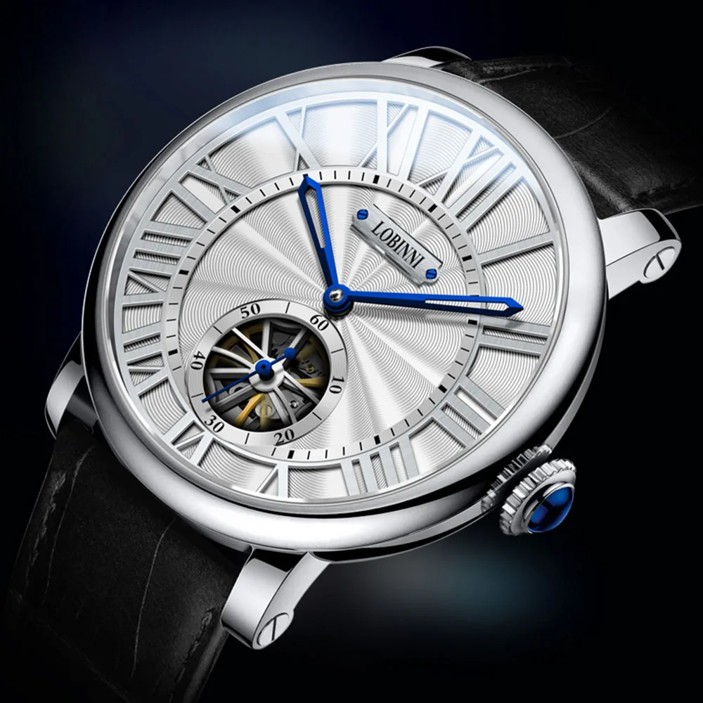 LOBINNI Mens 자동 시계 럭셔리 남성 시계 해골 스위스 방수 기계식 손목 시계 사파이어 로마 비늘