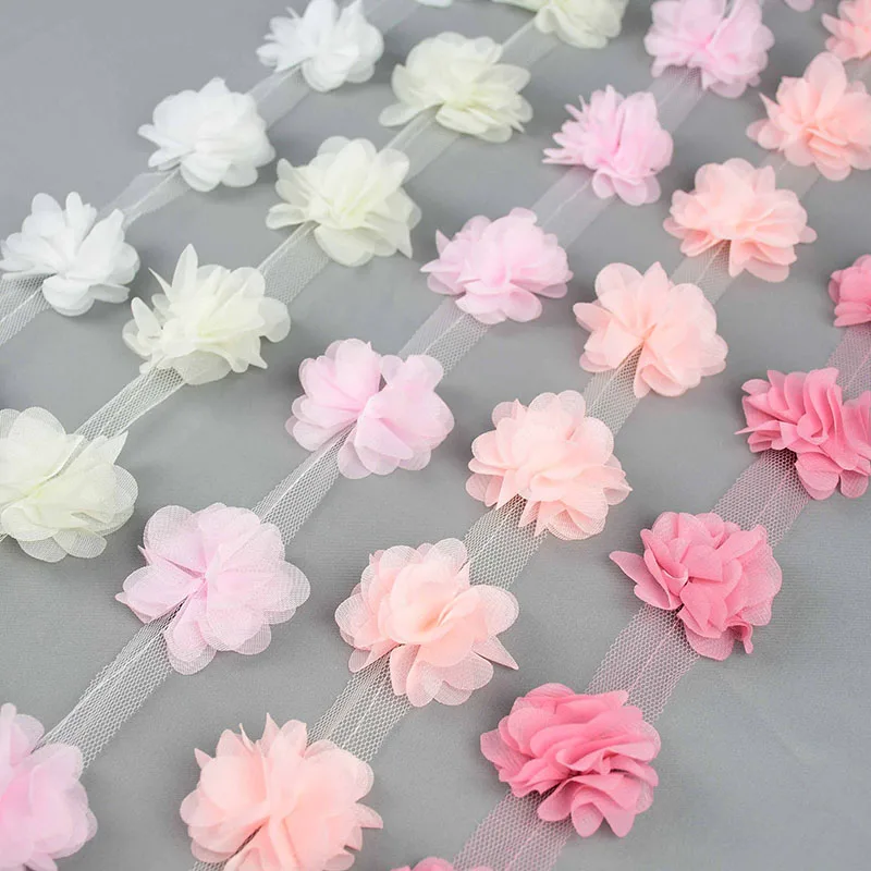 2Yards 24Pcs Flowers 3D Chiffon Cluster Flowers Lace Dress Decoration Lace Fabric Applique Trimming DIY Crafts Sewing Supplies