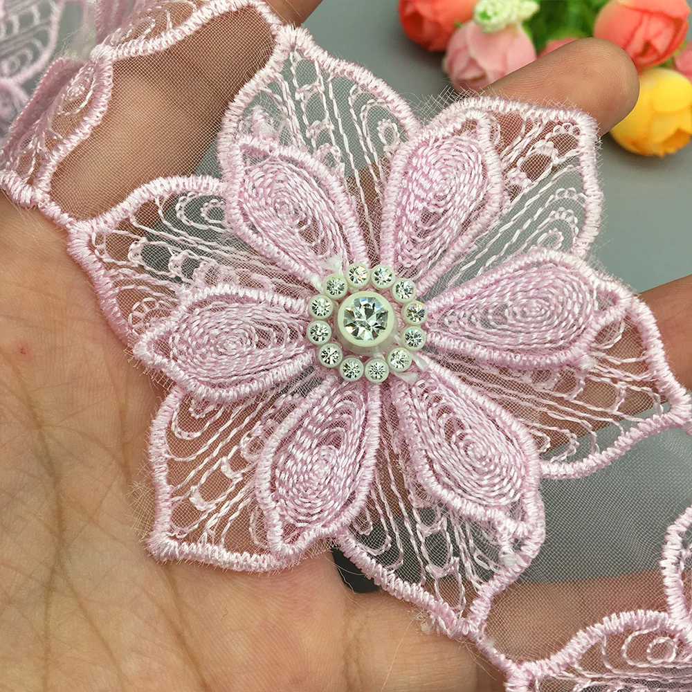 1 yard Purple Pearl 7.5cm 3D Flower Cotton Embroidered Lace Trim Ribbon Fabric Handmade DIY Wedding Dress Sewing Supplies Craft