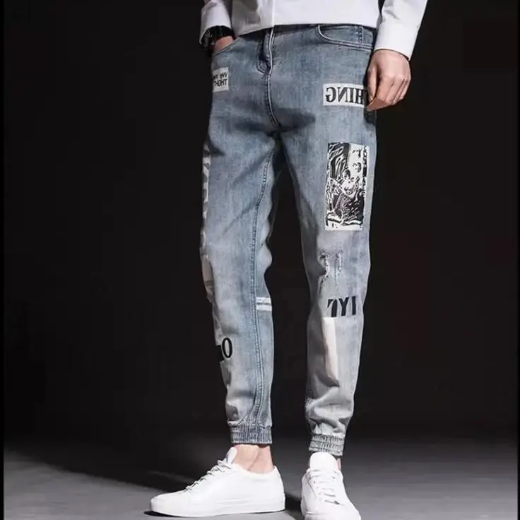 Designer Jeans for Men Letter Print Male Harem Pants Baggy Jeans Distressed Man Cargo Jeans Ankle Banded Hip Hop Ripped Jeans