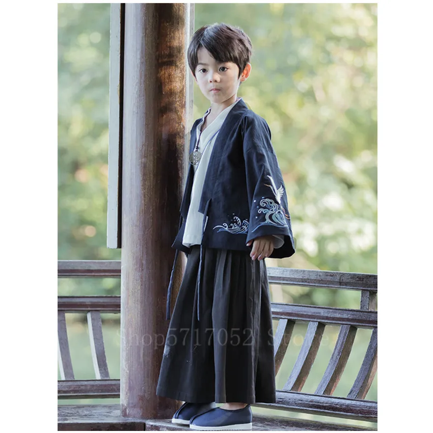 Asian Japanese Style Traditional Clothes Kimono Set Boy Fancy Streetwear Breathable Yukata Embroidery Fashion Hanfu Loose Outfit