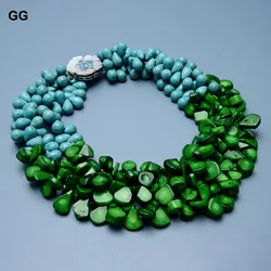 GuaiGuai Jewelry 3 Rows Green Coral Blue Teardrop Turquoise Real Gems Necklace Shell Flower Clasp Handmade For Women