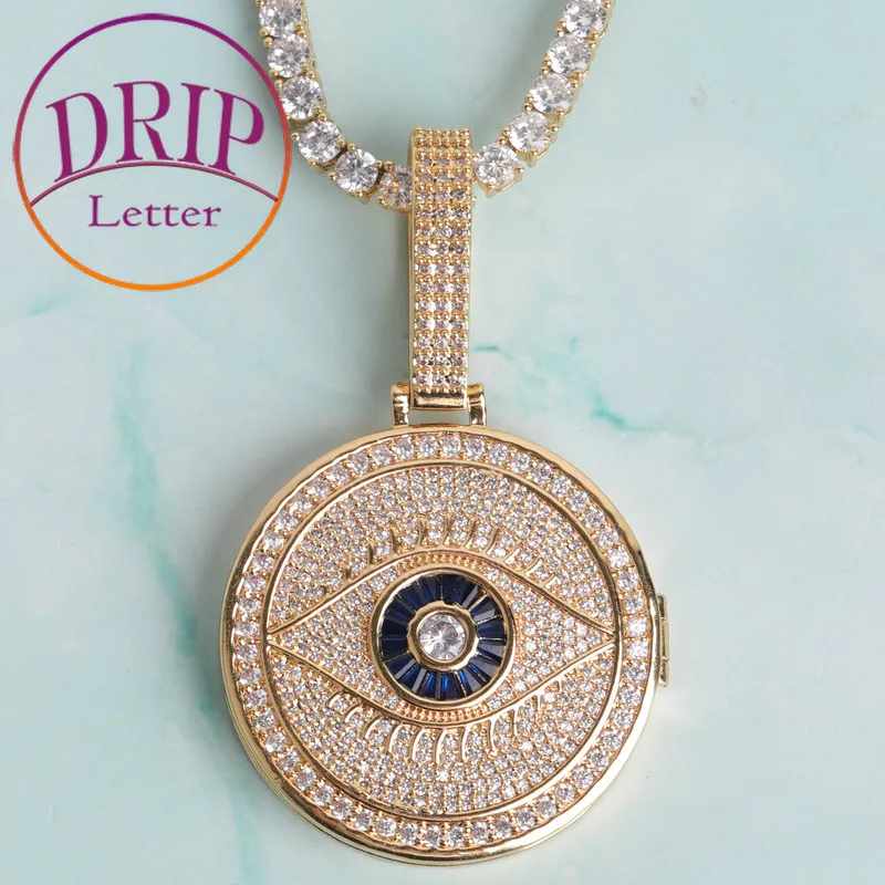 Drip Letter Custom Photo Necklace for Men Eye Round Circle Pendant Medallion Charms Hip Hop Fashion Jewelry 2022 Trend