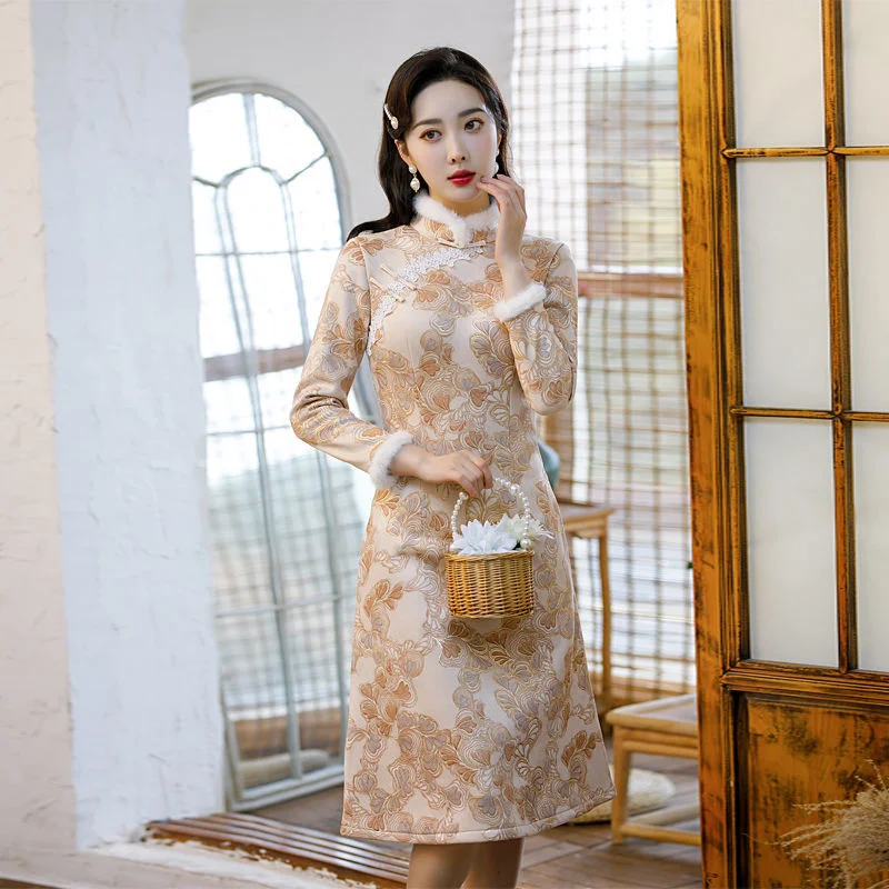 Winter Plus Velvet Thicken Slim Cheongsam Womem Fur Collar Vintage 2023 Qipao Ethnic Style Traditional Female Chinese Dress