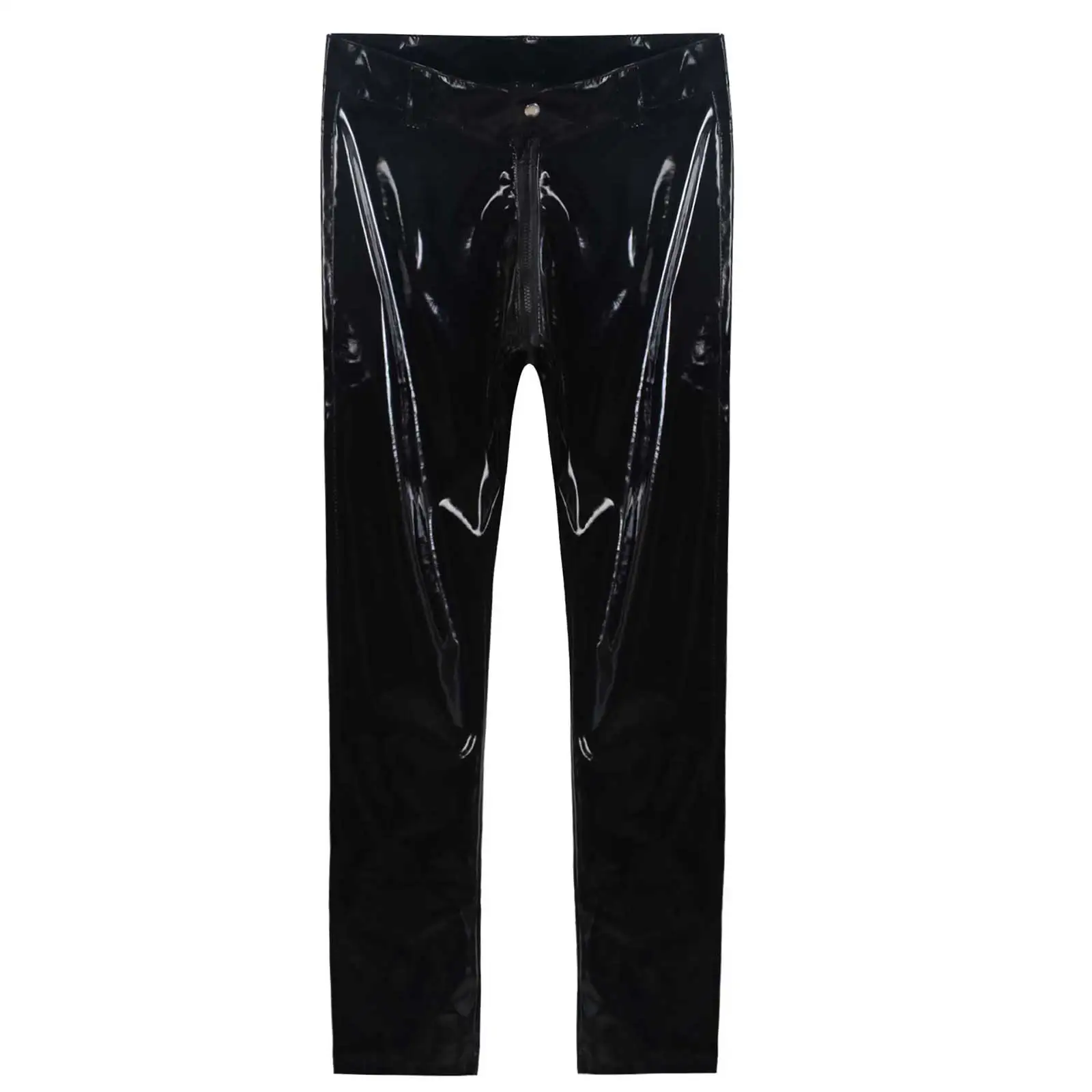 Men Patent Leather Zipper Crotchless Pants Shiny Trousers Hommes Wetlook Pants Nightclub Clubwear Stage Performance Costumes