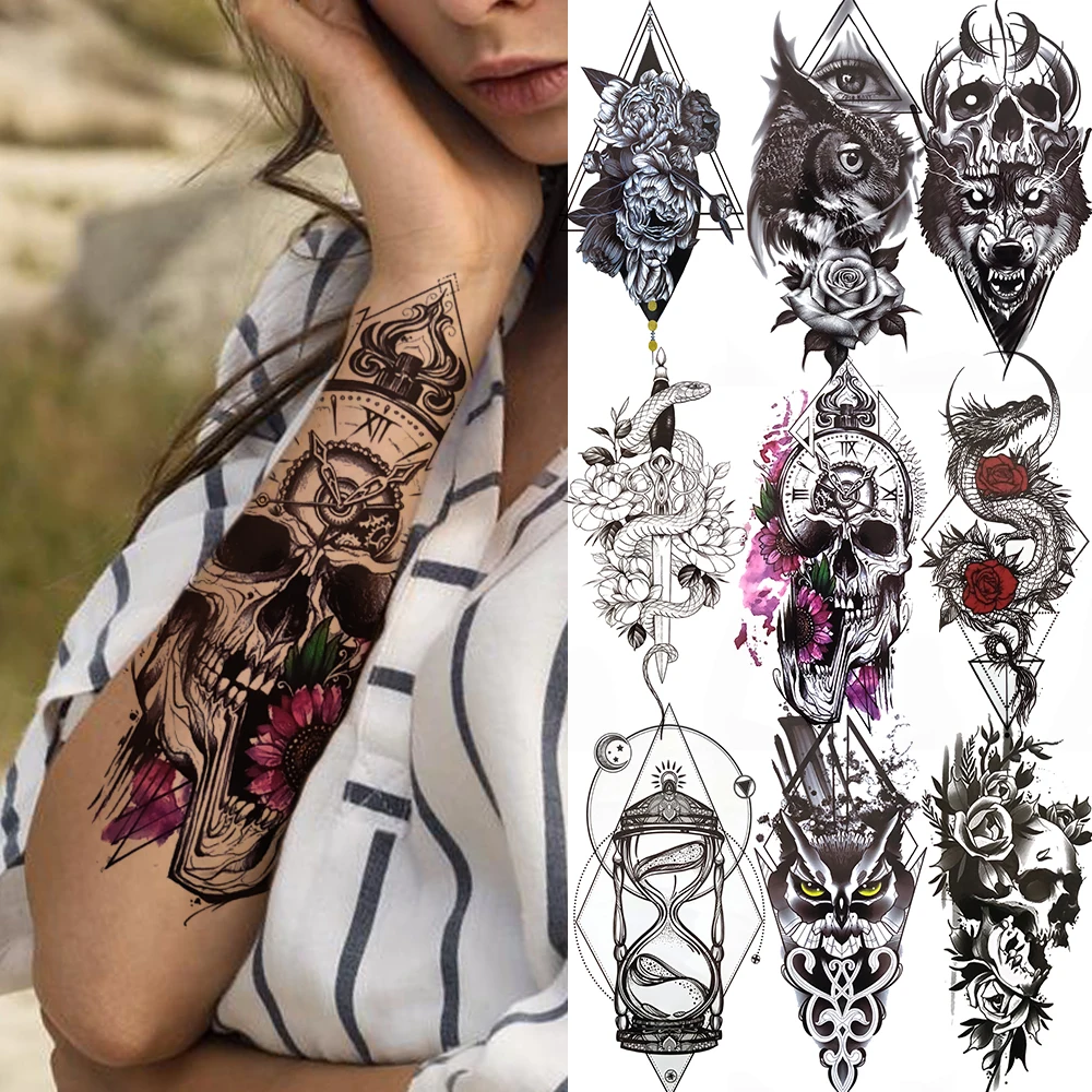 Skull Clock Temporary Tattoo For Men Women Children Skeleton King Dragon Hourglass Black Tattoo Sticker Fake Snake Adults Tatoos