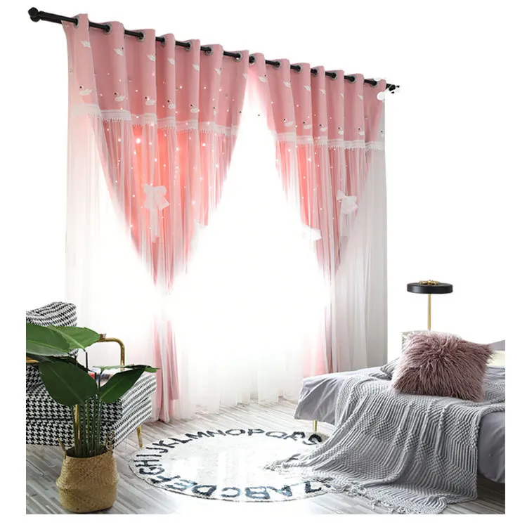 New Design Embroidered Double Layer Blackout Star Hollow Curtains with Lace Tulle Fabric for Home Living Room Window Decor
