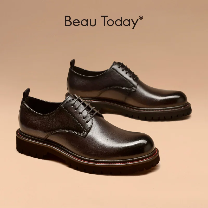 BeauToday Men Derby Shoes Calfskin Leather Waxing Round Toe Lace-Up Platform Gentleman Business Dress Shoes Handmade 55503