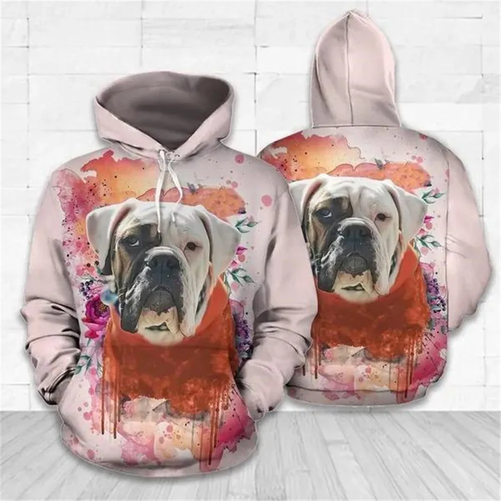 HX  English Bulldog Hoodies 3D Graphic Watercolor Dogs Animals Pullovers Coat Casual Sweatshirts Harajuku Women Men Clothing