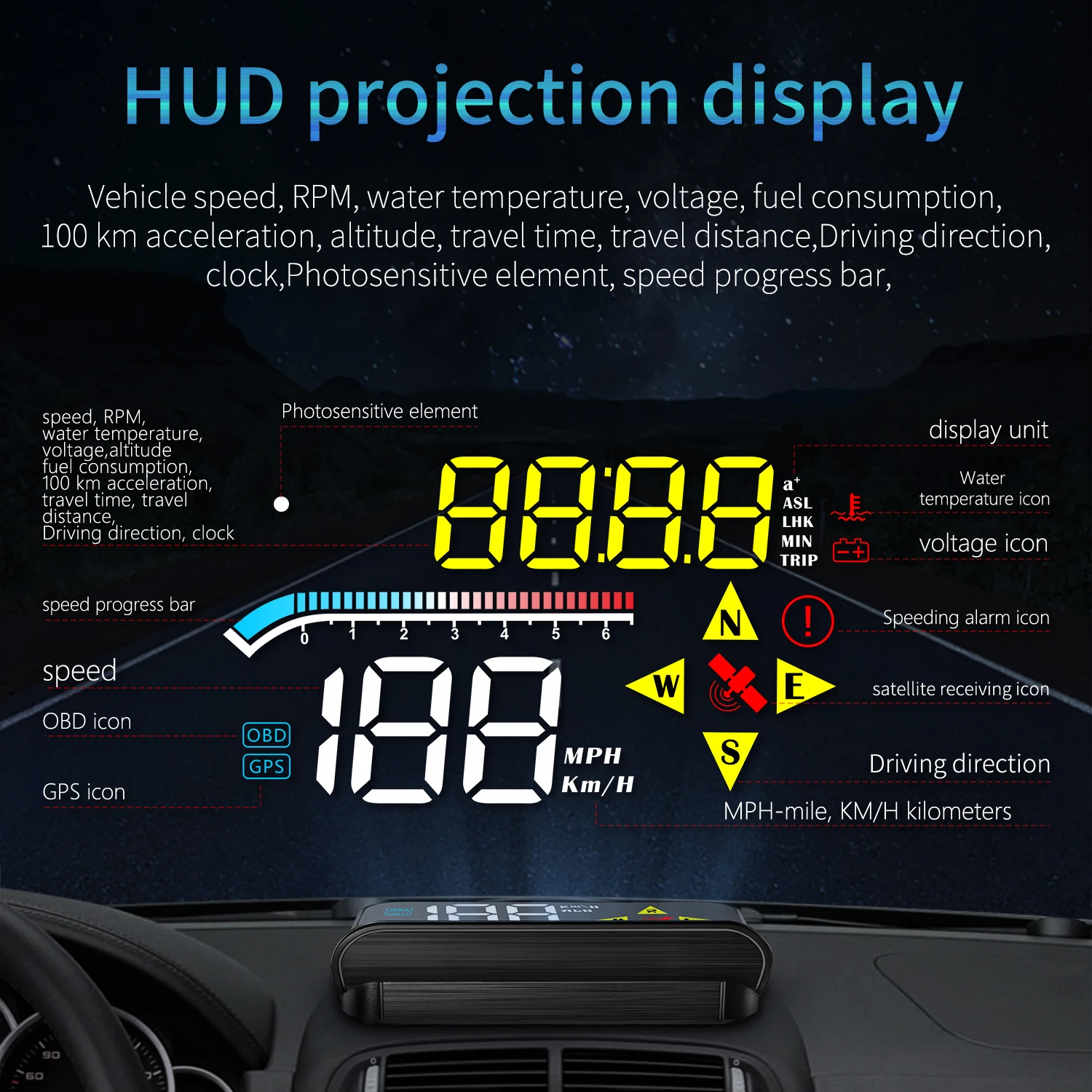 

BigBigRoad Hud Head Up Display OBD2 GPS Dual System Windshield Speed Projector Security Alarm Water Temp Overspeed RPM Voltage