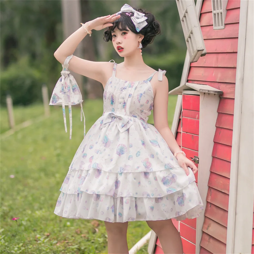 Robe Lolita taille haute pour fille, tenue d'été douce et mignonne, avec nœud papillon, imprimé coquille, Kawaii, pour femme, Cosplay, princesse Lolita Jsk Loli