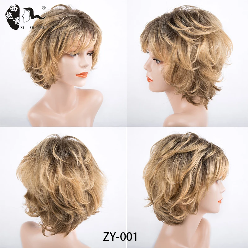 Mixed Brown Blonde Synthetic Wigs With Bangs For Women Short Natural Wave Fluffy Hair Heat Resistant Fiber Daily Wear Mommy Wigs