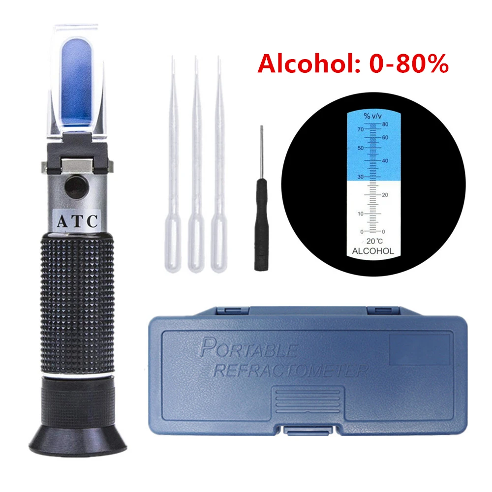 Alcohol Refractometer Hand held Alcoholometer 0~80%V/V ATC Concentration Spirits Tester