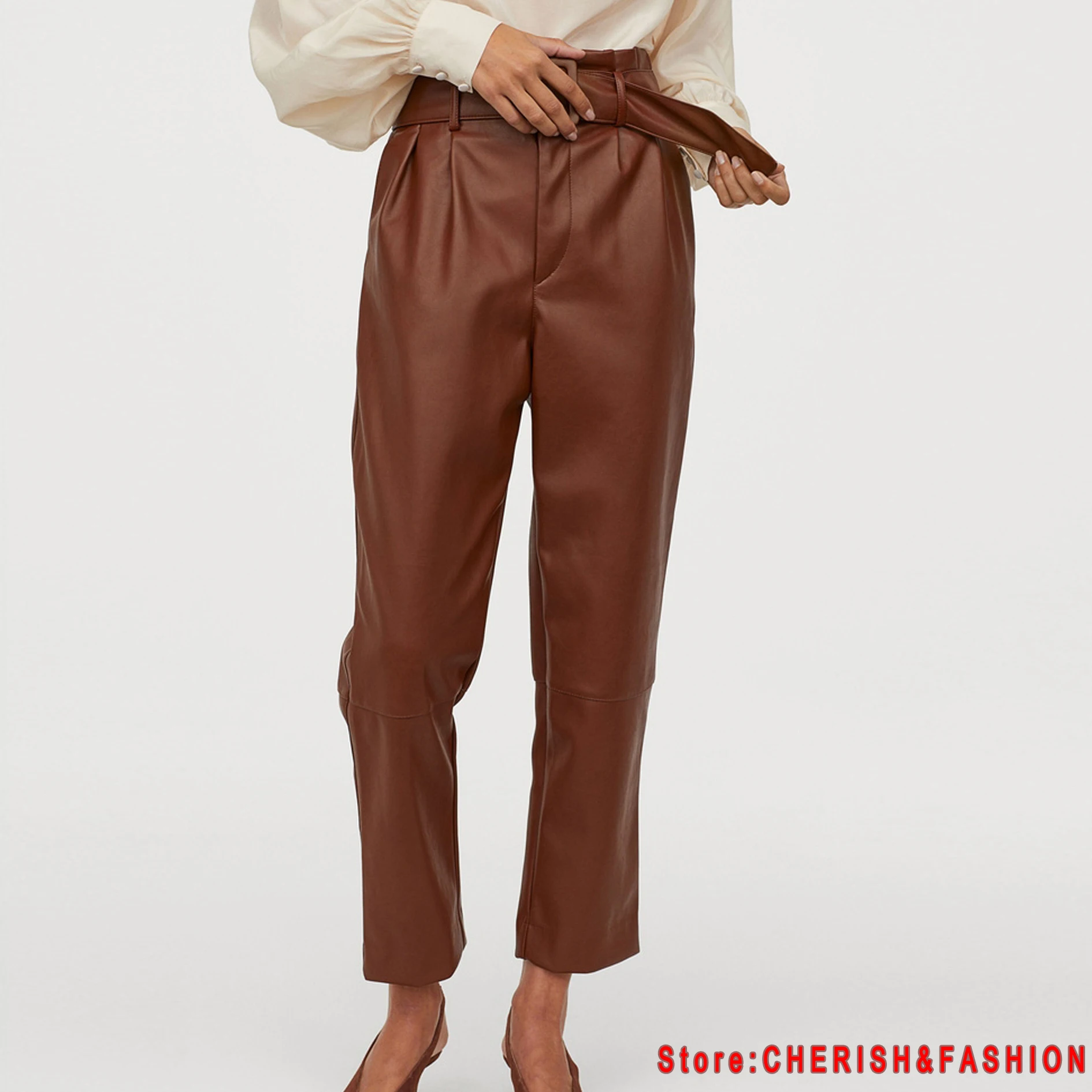 Donne Chic Nero Dell'unità di Elaborazione Del Faux Pantaloni di Pelle di Modo di Vita Alta Tasche Signore Ufficio Pantaloni con La Cinghia Casual Pantaloni a Pieghe Gonne E Pantaloni
