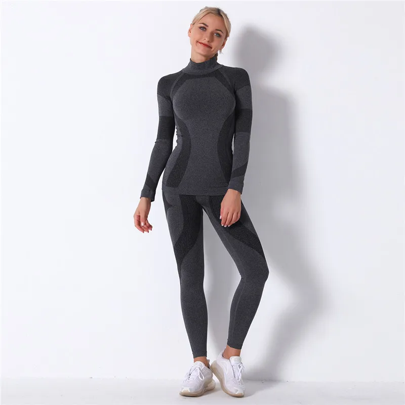 Ternos esportivos sem costura para mulheres, roupas de ginástica, treino, camisas de manga comprida, leggings de cintura alta, calças