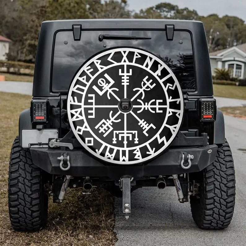 Viking Symbol Nordic Compass Trendy Tire Cover, Camping Truck Tire Cover, Halloween Gift, Personalized Spare Tire Cover,