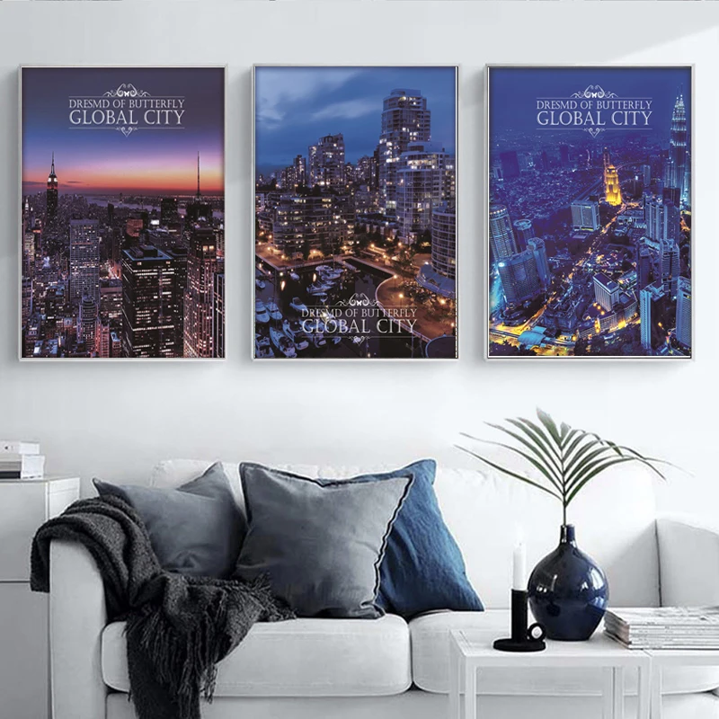 Modern City Night Scene Wall Painting Global City High-Rise Buildings Bright Lights Canvas Printing Frameless Decorative Poster