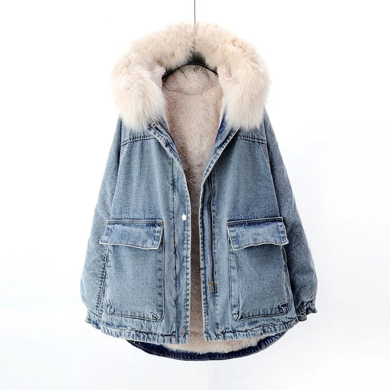 Quality High Women Winter Fur Lining Warm Loose FIt Denim Jacket Fox Fur Collar Hoody Jacket Casual Overcoat Cowboy Jeans Coats