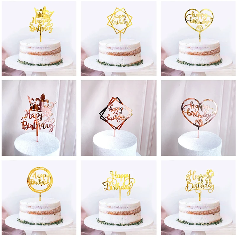 Crown Happy Birthday Cake Topper Cake Insert Decorating Supplies Acrylic Rose Gold Topper Cupcak Flag Birthday Party Decoration