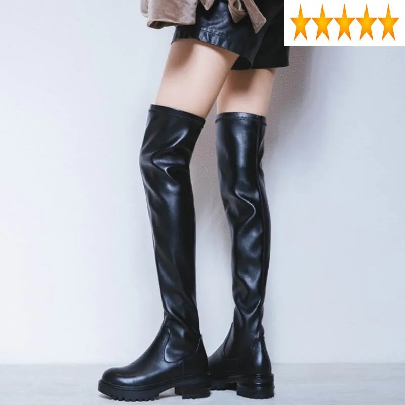 

Genuine Winter Lining Women Fleece Leather Over Knee Bikers Riding Stretchy Slip On Block Heels Shoes Knight Boots