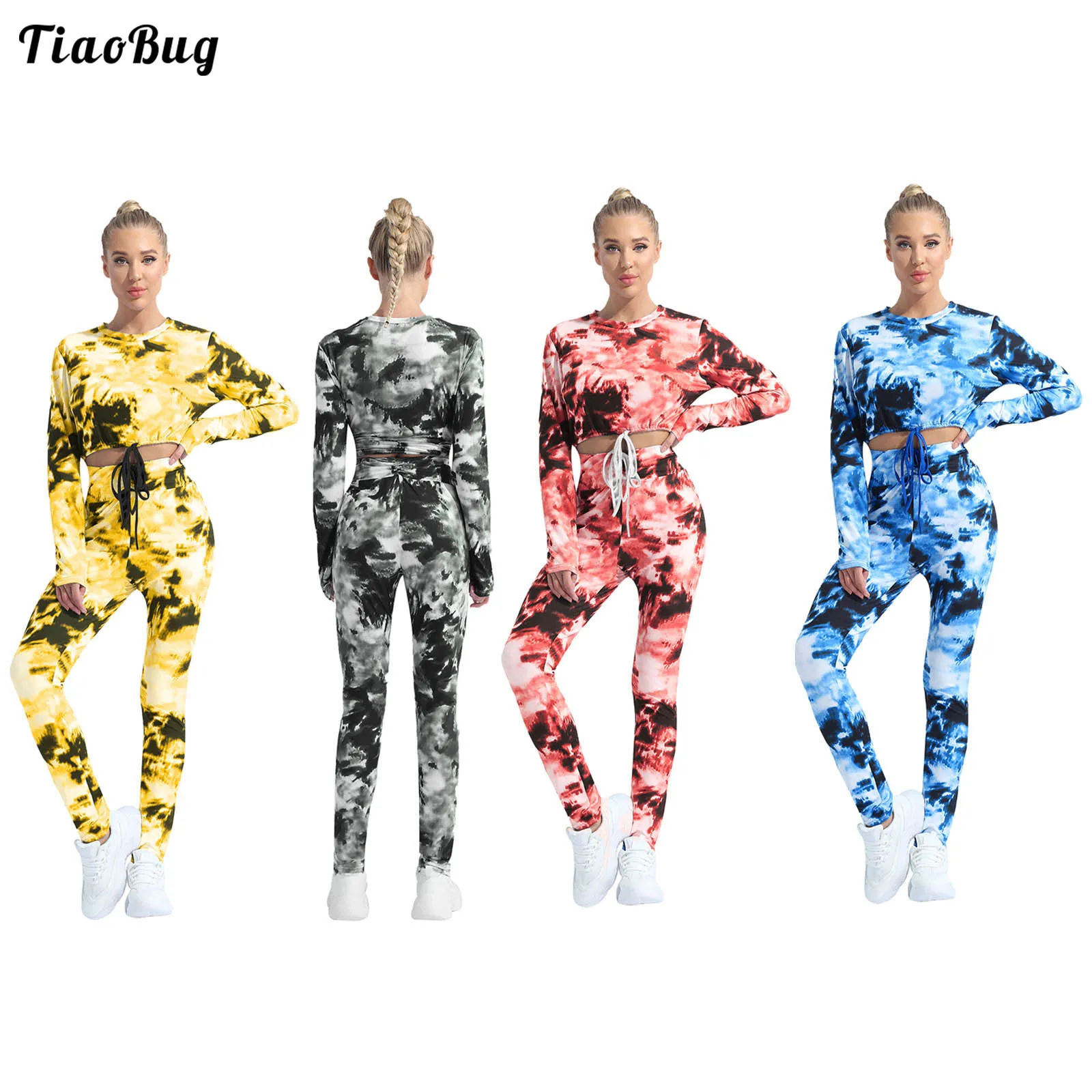 Spring Autumn Summer Women 2Pcs Tie Dye Print Sport Suit Round Neck Long Sleeves Cropped Top  Pants Set Sporwear For Fitness Gym