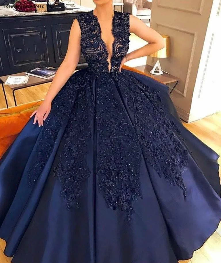 Sexy Dark Blau Quinceanera Kleid Tiefer V-ausschnitt Lange Formale Ferien Tragen Graduation Party Pageant Kleid Nach Maß