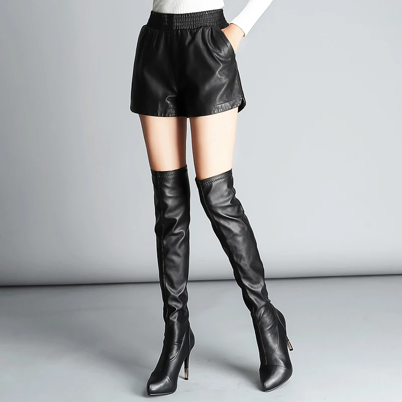 Autumn pu belt zipper leather shorts high waist ladies casual shorts slim suit shorts winter leather boots  hips S-3XL