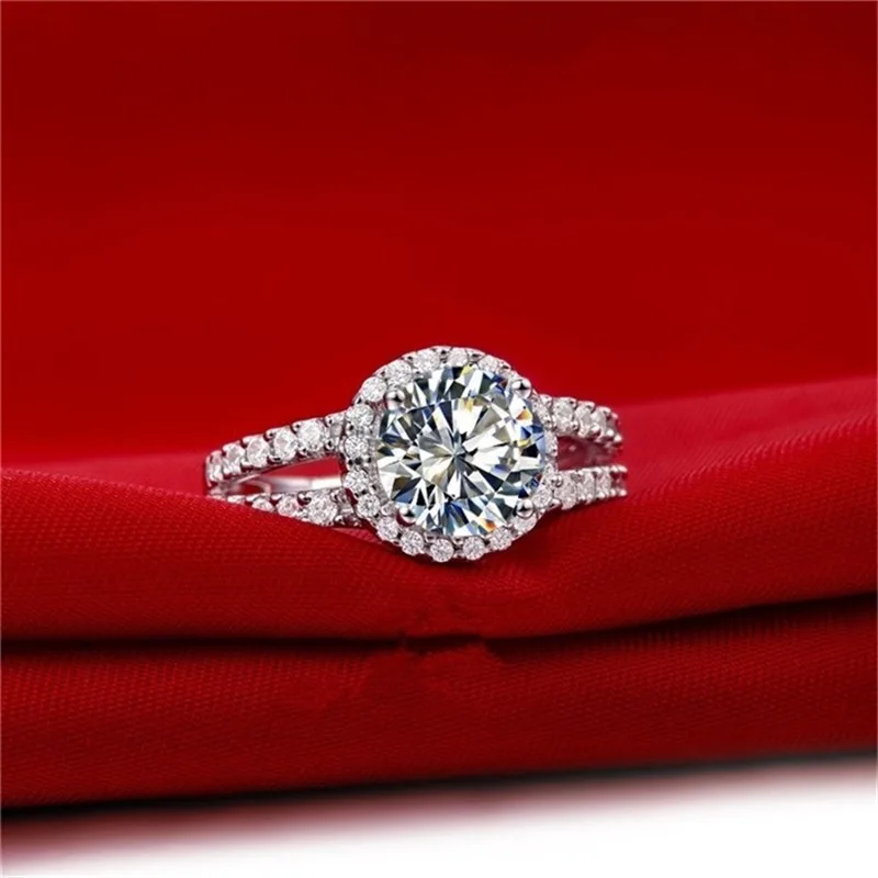 Met Geloofsbrieven 100% Echte Tibetaanse Zilveren Ringen Bruiloft Sieraden Voor Vrouwen Ronde Briljant Geslepen 2 Carat Cz Zirkoon Ring Accessoires