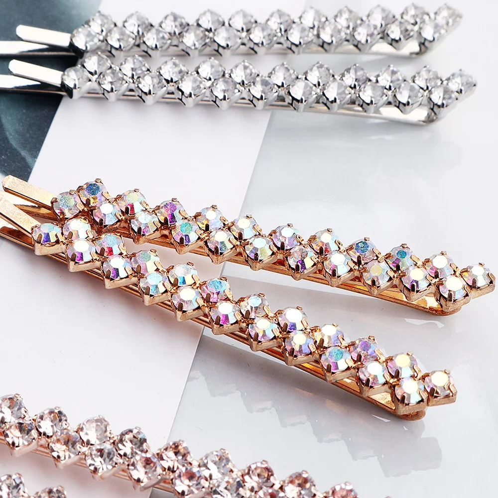 2PCS Shining Crystal Rhinestone Hair Clip for Women Elegant Korean Design Snap Barrette Stick Hairpin Hair Styling Accessories