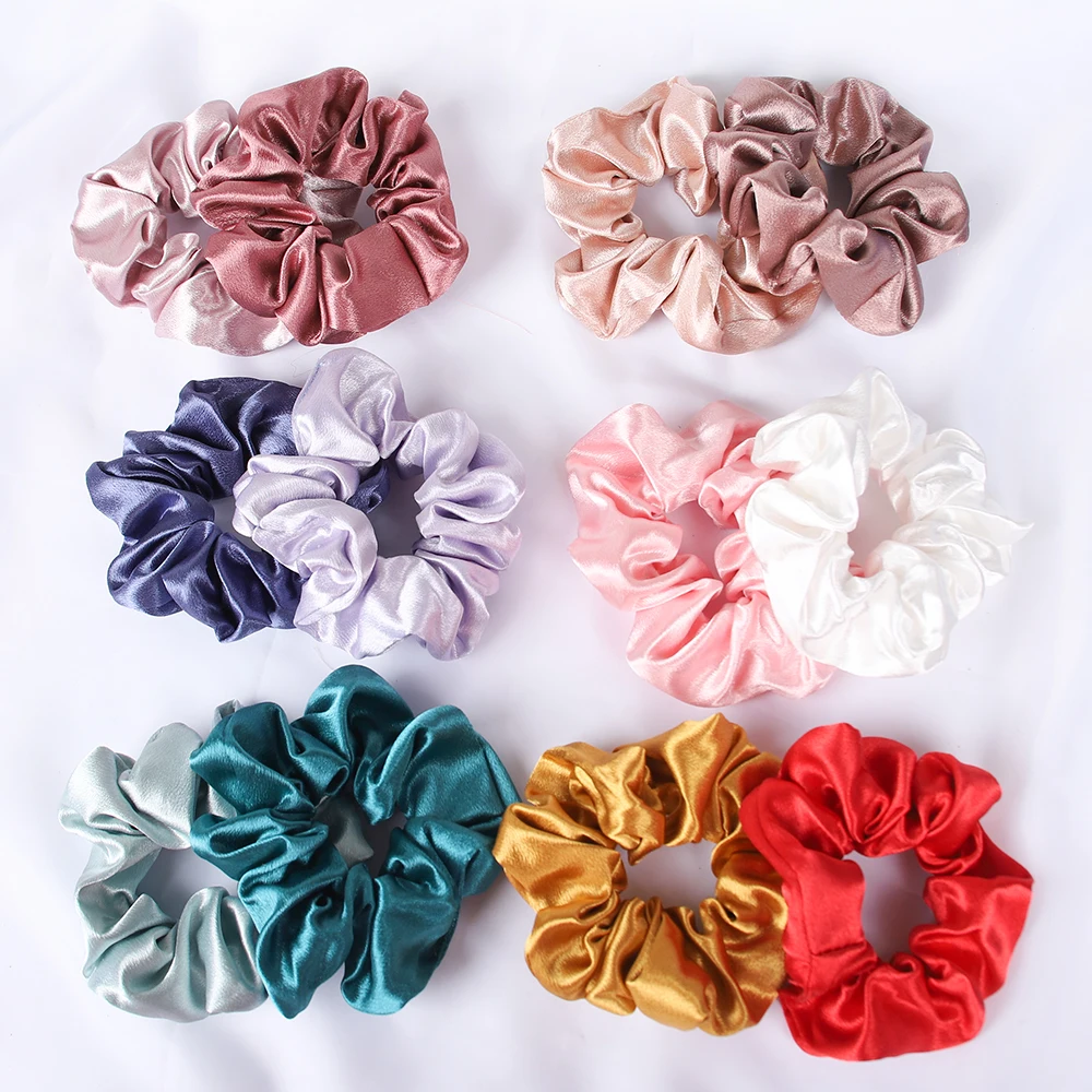 2PCS Bright Satin Silk Scrunchies Solid Large Elastic Rubber Hair Bands Women Girls Ponytail Holder Hair Rope Accessories Set