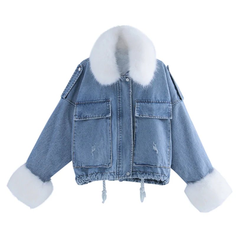 Winter Short Denim Jacket Coat Women New Korean Fashion Loose Thick Large Fur Collar Solid Color Outerwear