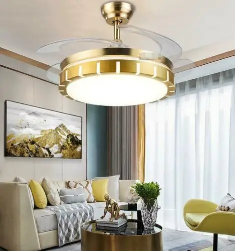 Gold 42" Ceiling Fans 3-Color LED Light Chandelier Lamp with Remote Control Invisible Acrylic Fan Blades Retractable Chandelier