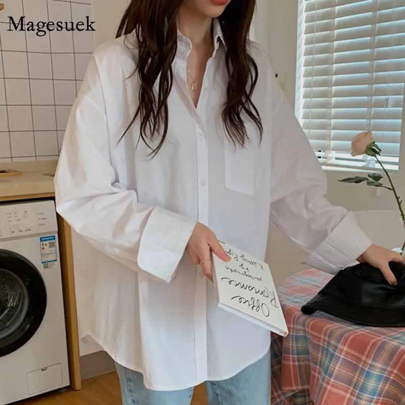 

Korean Long Sleeve Casual Clothing for Women Office Lady Loose White Shirt Pocket Button Up Lapel Tops Blusas 12729