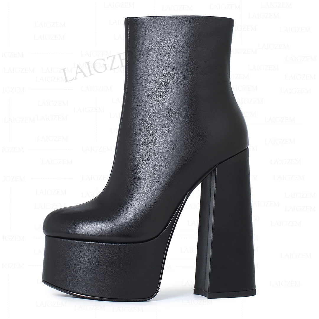 LAIGZEM Top Quality Women Ankle Boots REAL LEATHER Platform Round Toe Zip Up Chunky High Heels Booties Shoes Woman Size 38 40 41