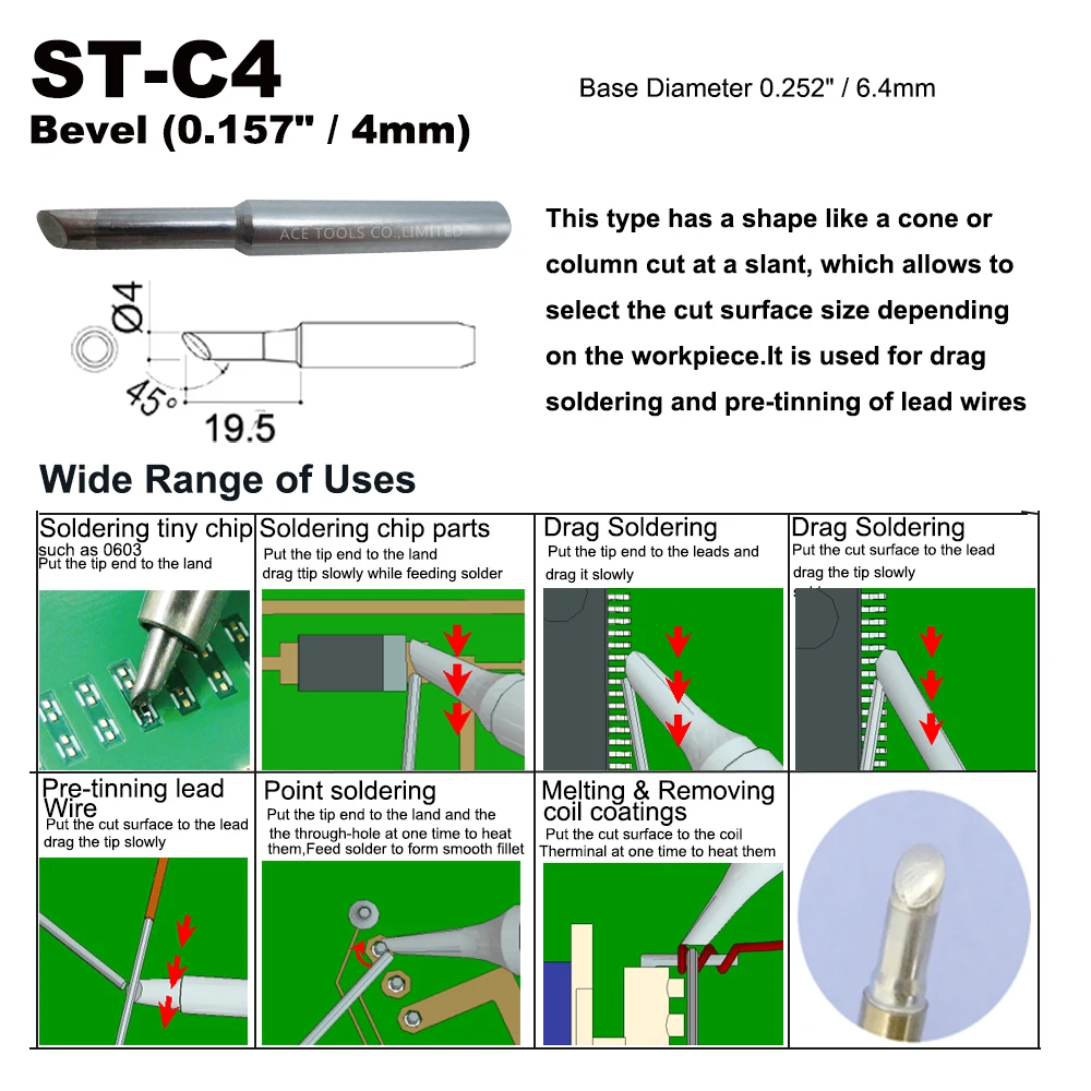 ST-C4 Soldering Tip Bevel 4มม.Fit WELLER SP40L SP40N SPG40 WP25 WP30 WP35 WLC100Replace เหล็กจับดินสอหัวฉีดเชื่อมบิต