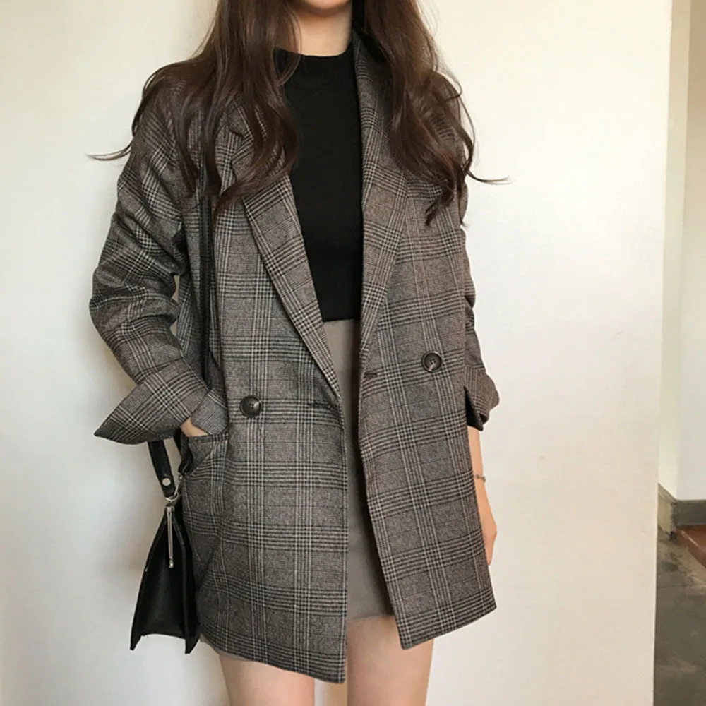 2023 Spring Winter Korean Style Loose Retro Women\'s Blazers Plaid Double Breasted Pockets Formal Jackets Checkered Outerwear Top